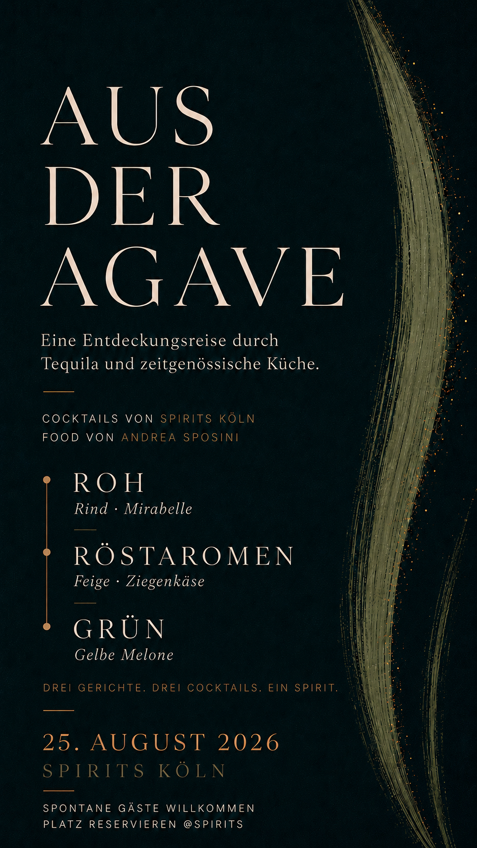 From the Agave event poster at Spirits Köln on 25 August 2026 with three dishes and three cocktails inspired by tequila.