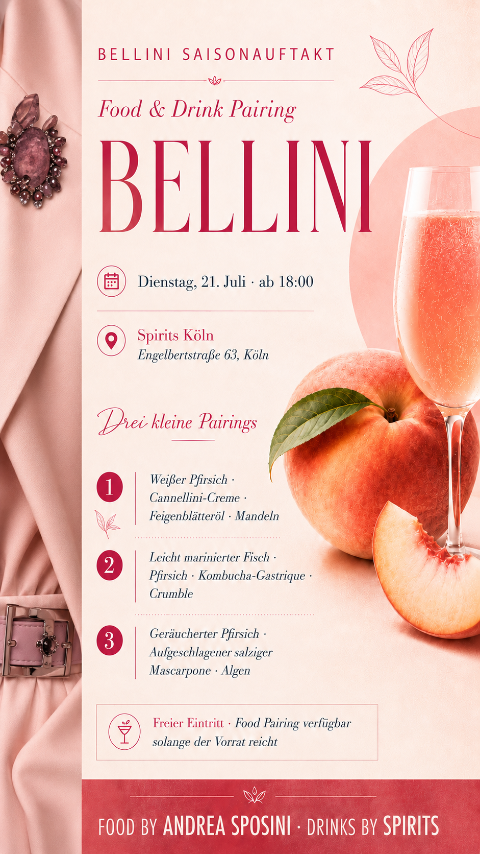 Bellini Season Opening poster at Spirits Köln showing the three white peach food pairings by Andrea Sposini.