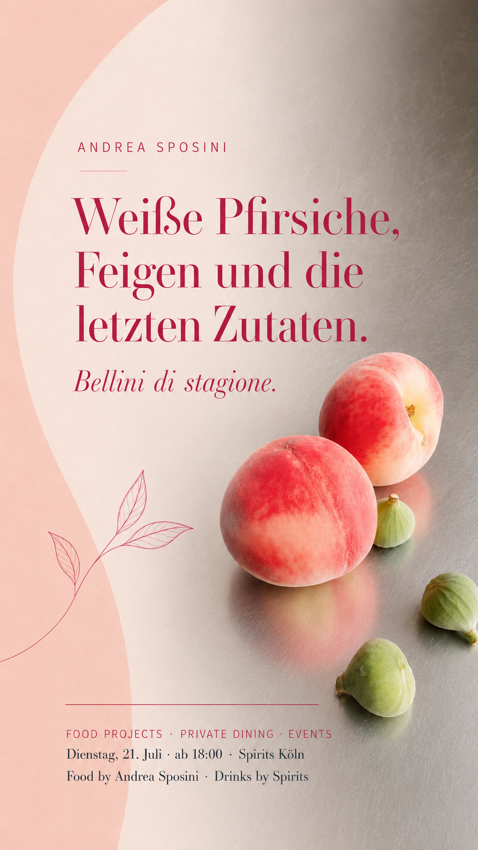 White Peach event visual with white peaches and figs for Andrea Sposini's Bellini Season project in Cologne.