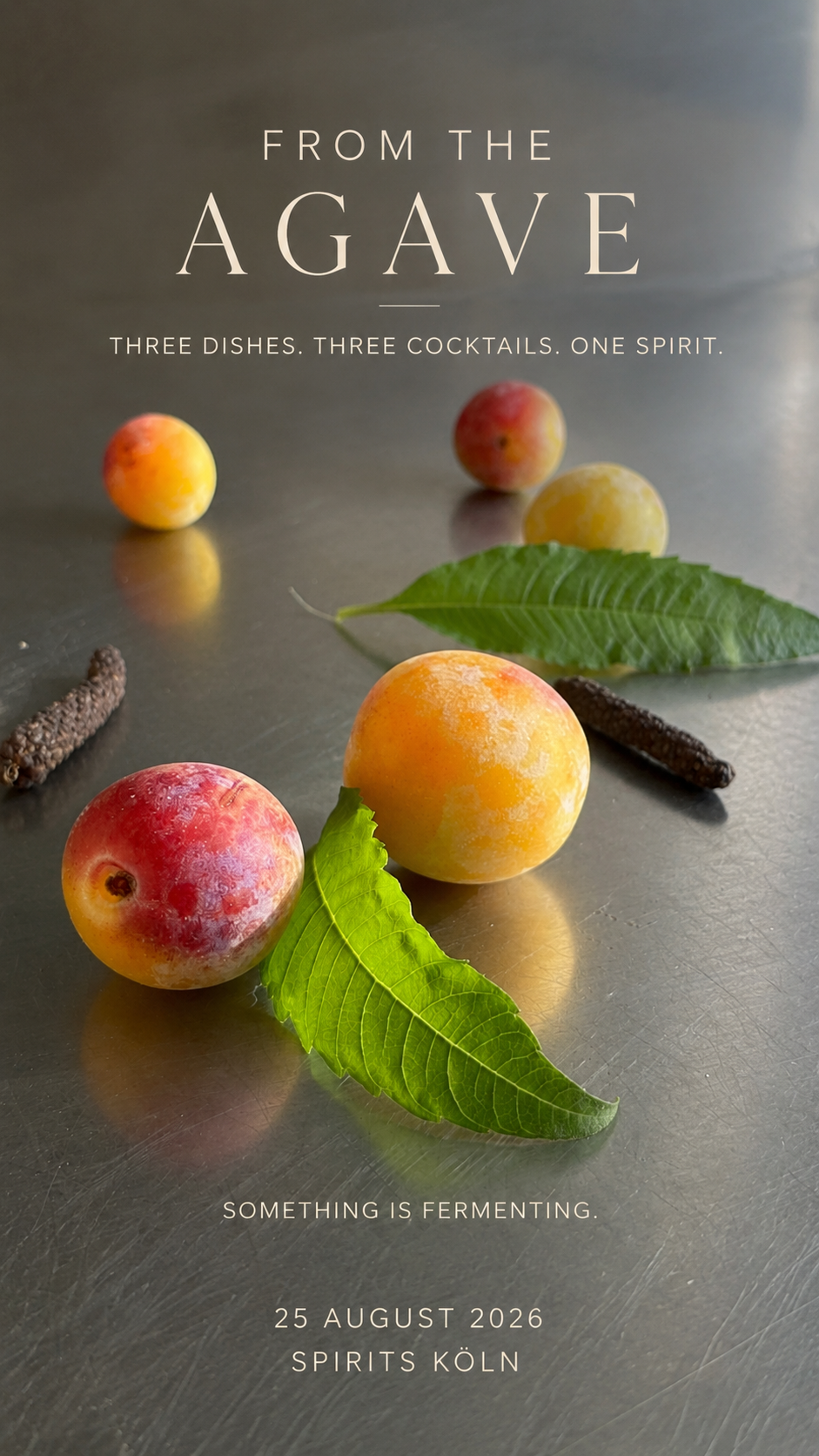 From the Agave culinary event at Spirits Köln, 25 August 2026, with seasonal fruit and the concept Three dishes. Three cocktails. One spirit.